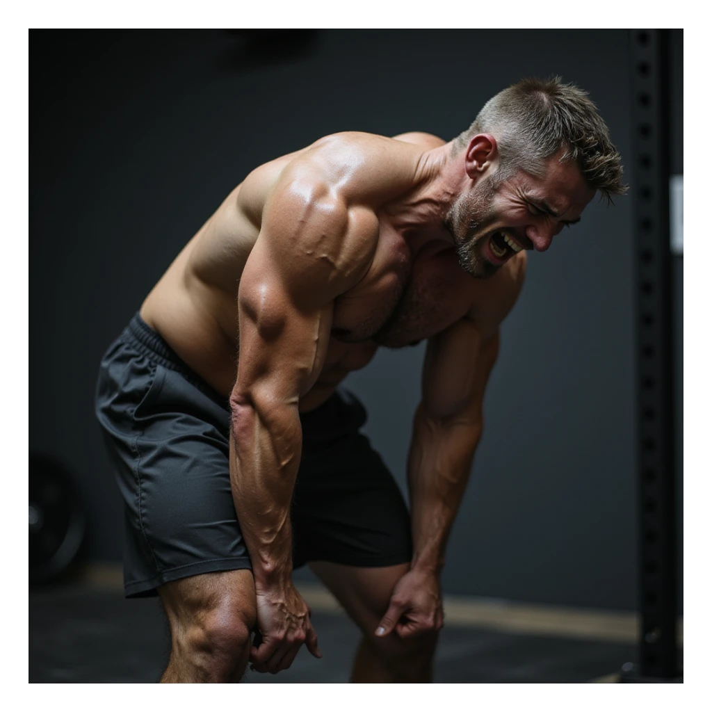 realistic photo of a crossfit athlete during intense training, bending forward holding back, painful expression, tense muscles, intense light, gym background sticker