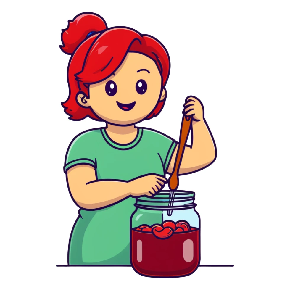 redhead woman with big smile taking some jam with a spoon from glass jar sticker