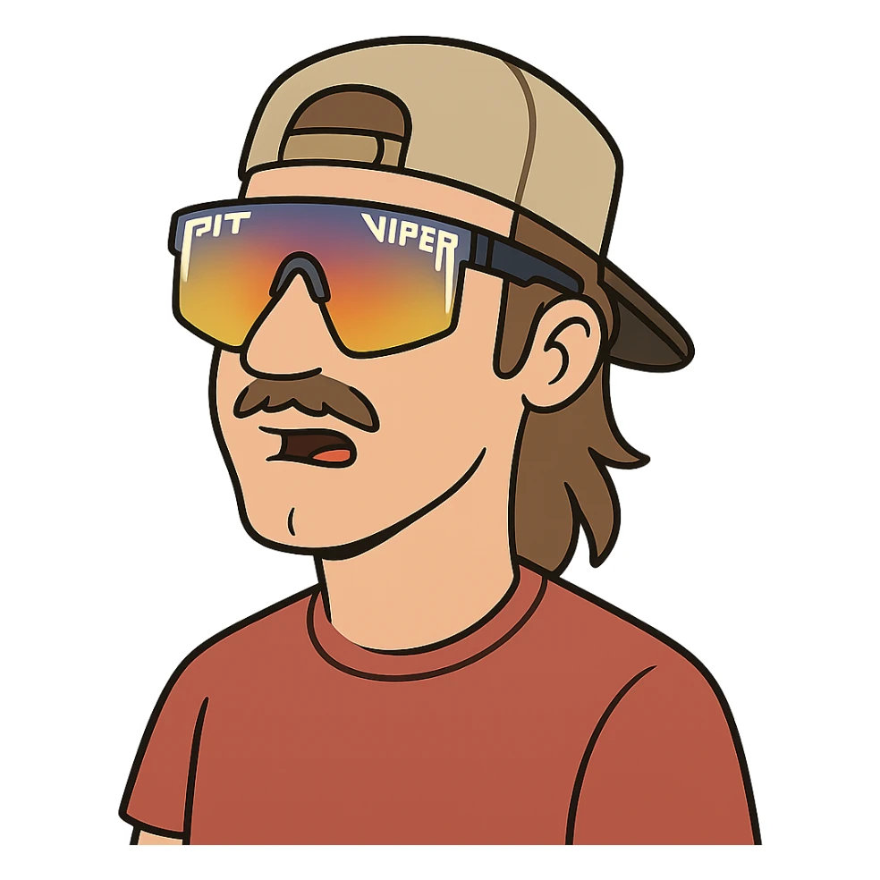 flat toon style guy with mullet and baseball cap, wearing polarized Pit Viper glasses sticker