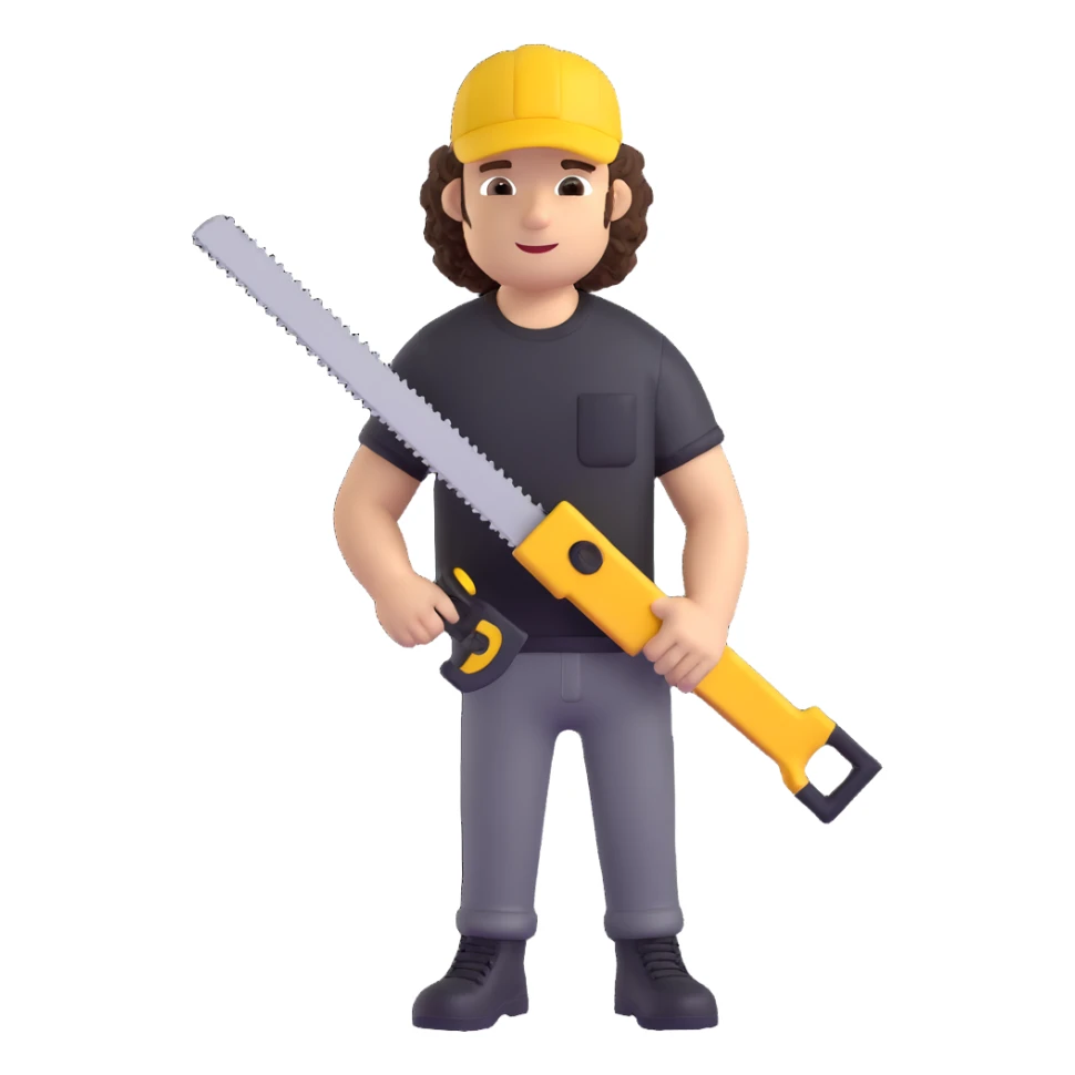 create a character with a saw, cute guy, curly, in a black t-shirt and a yellow cap, in 3d sticker