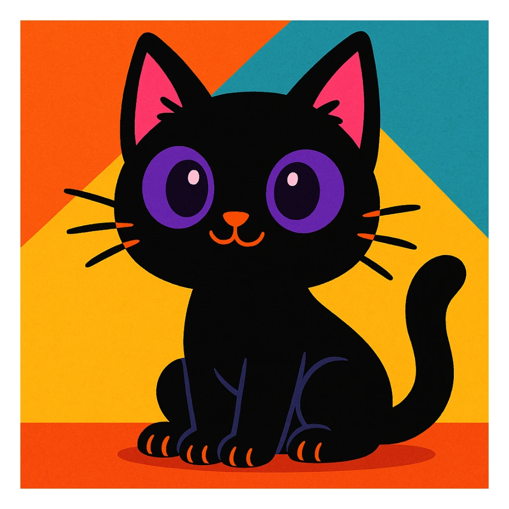 cute black cat with purple eyes, vibrant toon style sticker