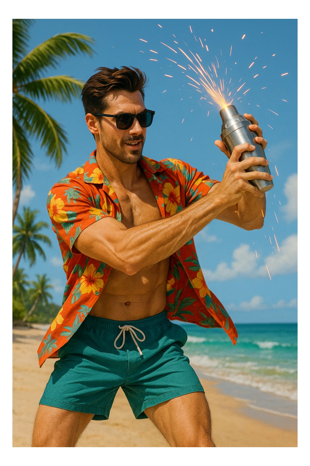 human male Unbuttoned Hawaiian shirt, swim trunks, shaking a cocktail shaker (sparks flying) sticker