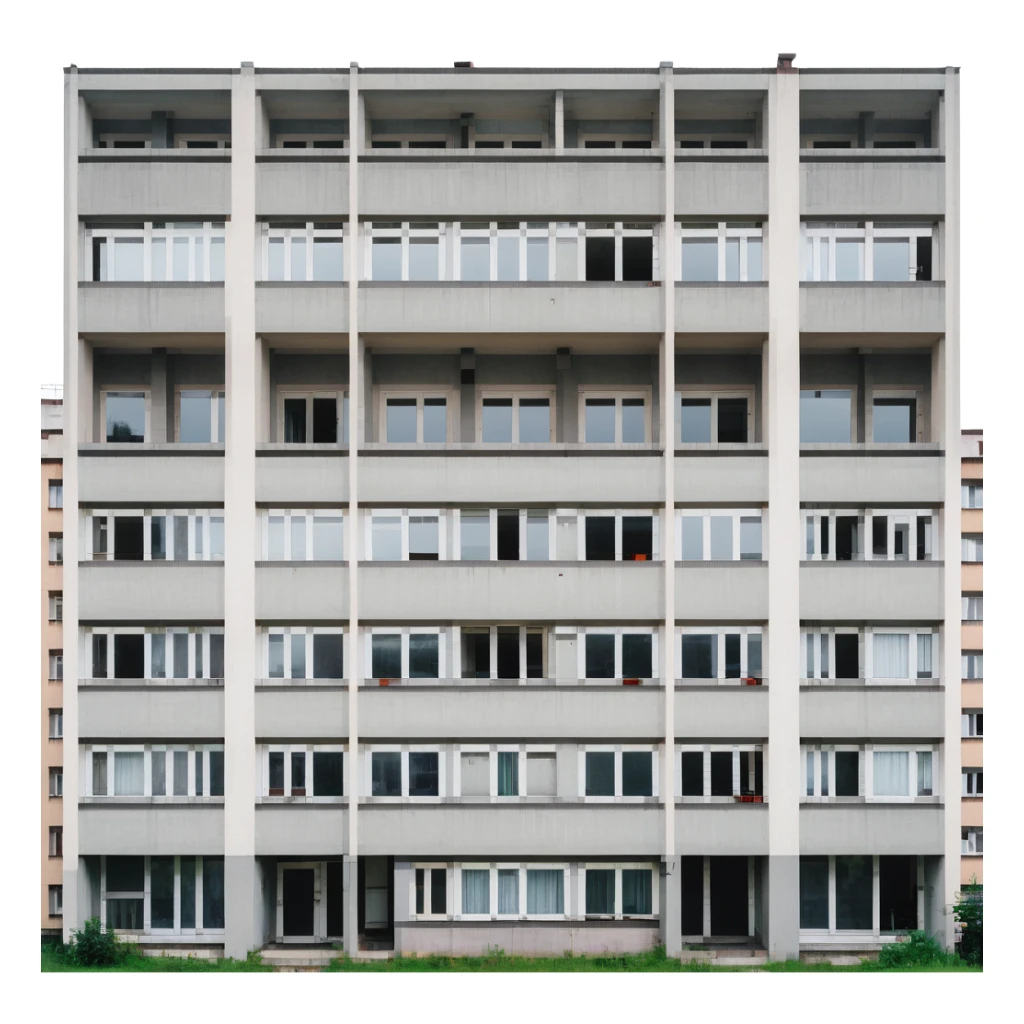 Soviet-era panel apartment building with rows of identical windows, gray concrete facade, flat roof, typical Russian multi-story residential building sticker