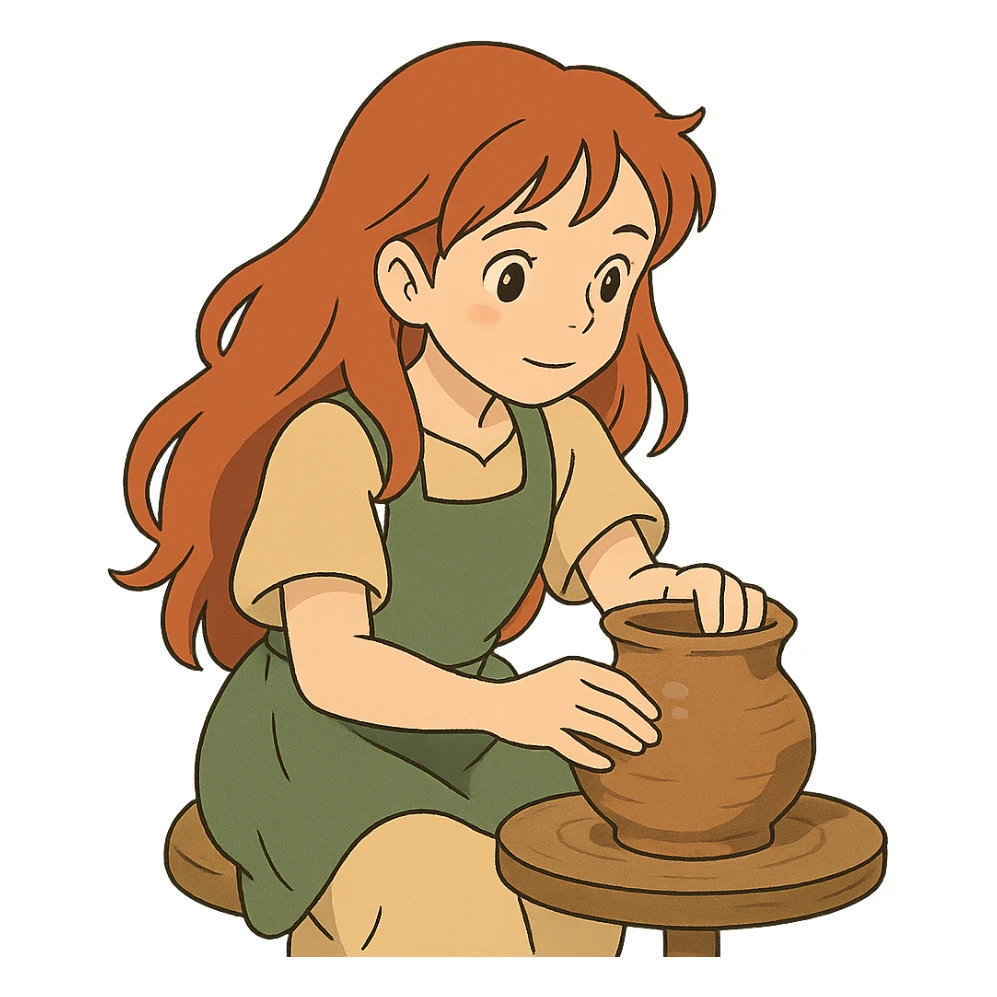ghibli style girl with long red hair making pottery sticker