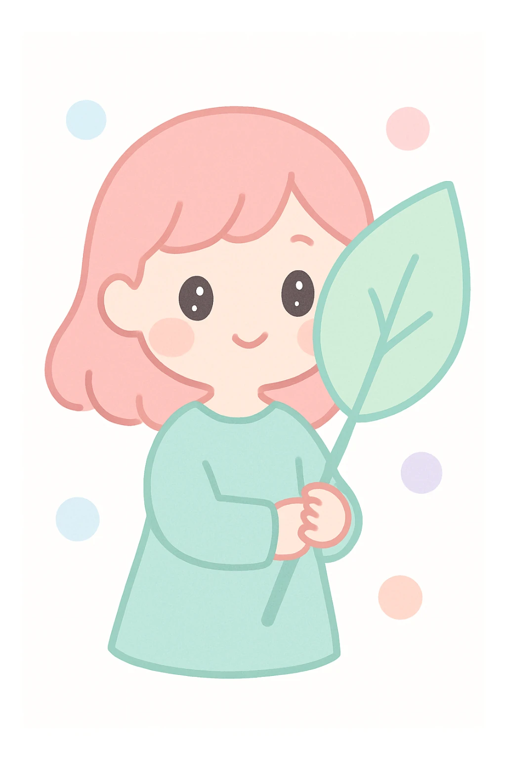 a girl holding a large leaf with a gentle expression, soft and tender mood sticker