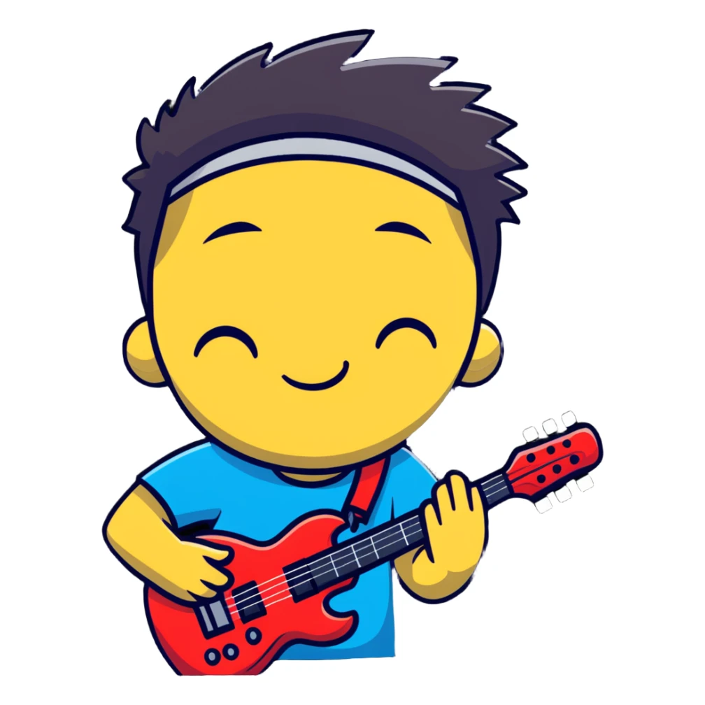 Musician's head and shoulders only, confident facial expression with half-closed eyes, subtle knowing smile, rockstar appearance, contemplating future success, no instruments sticker