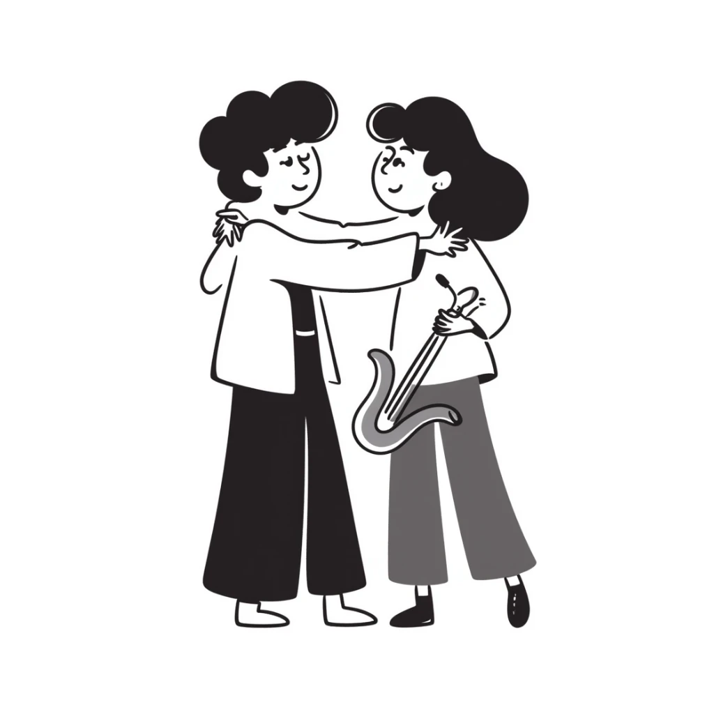 Two musicians of the same gender giving each other a friendly side hug, professional greeting, fraternal embrace, smiling, musical instruments nearby, colleagues congratulating each other sticker