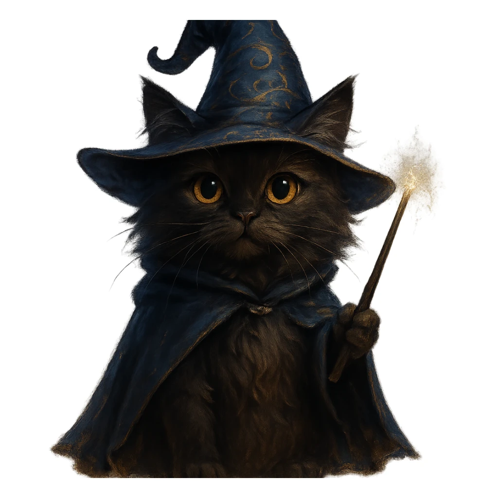 wizard cat wearing a magical hat, holding a wand, magical fantasy style sticker