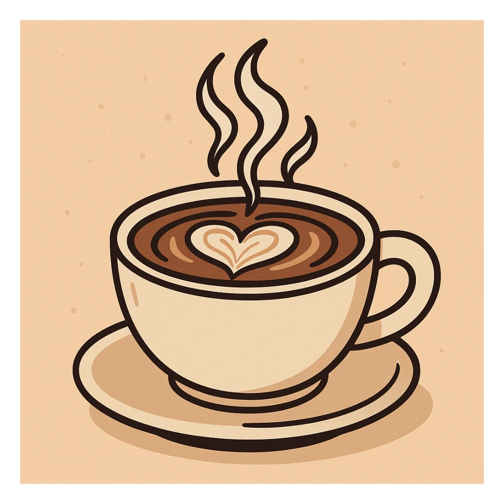 steaming cup of coffee with latte art, modern flat illustration style, minimal shading, clean lines sticker