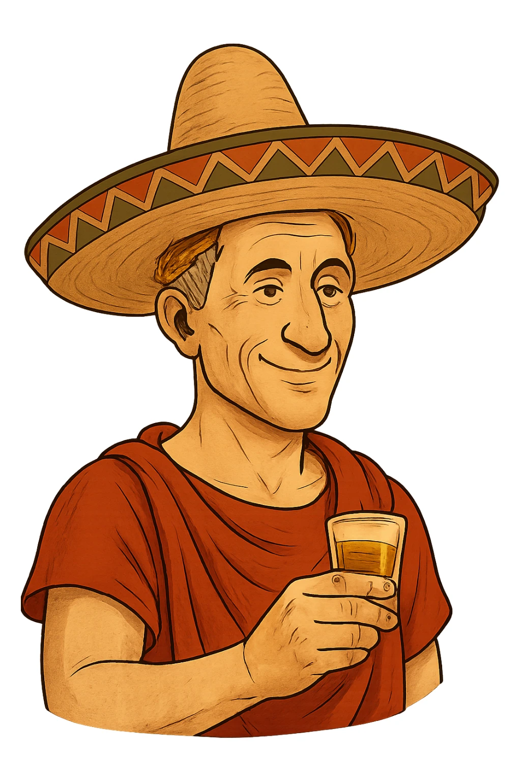 Используя такую стилистику сгенерируй довольного Императора Цезаря с мексиканской шляпе на голове и держащего в руках стопку текилы, прозрачный фон sticker