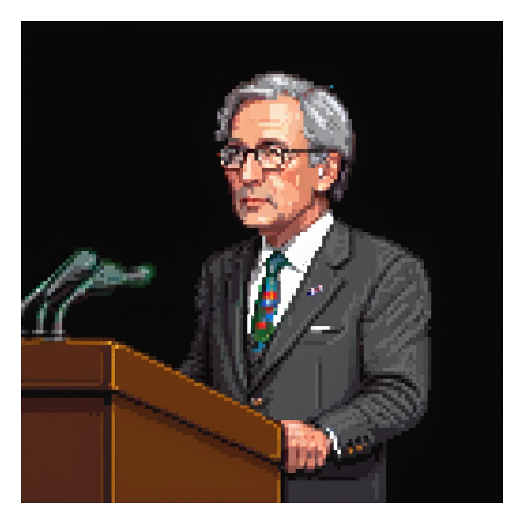 a SNES box art image of a man who looks like a fiftysomething distinguished american politician, standing and speaking emphatically at a podeum. cutscene graphic - 3/4 side perspective sticker