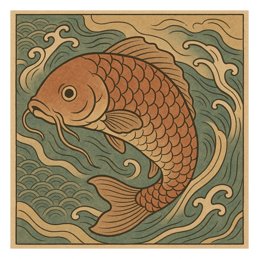 ukiyo-e style illustration of a koi fish swimming sticker