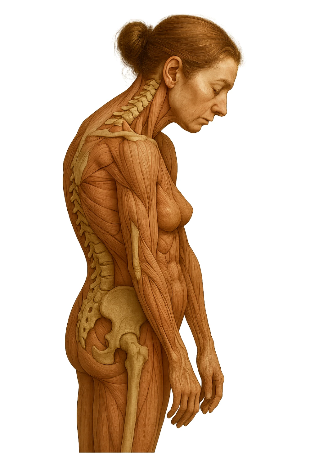 donna di profilo con spina dorsale in evidenza, postura storta, spalle chiuse in avanti, iperrealistica 4k sticker