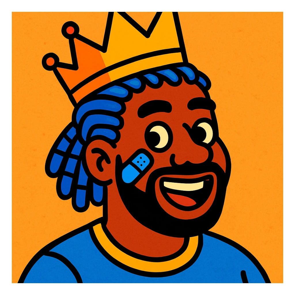 afro man, blue cornrows, crown, blue band-aid on cheek, vibrant and characterful, vibrant toon style sticker