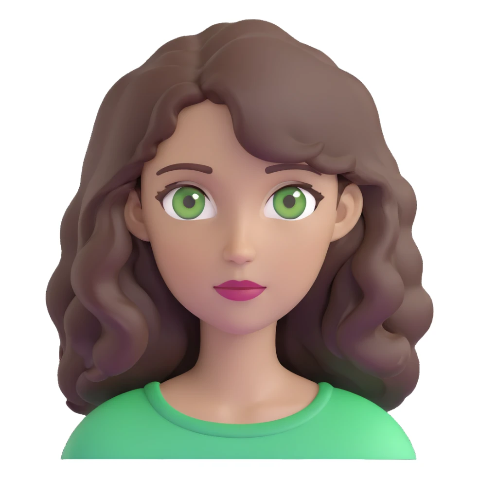 woman with wavy dark brown hair and green eyes, neutral expression sticker