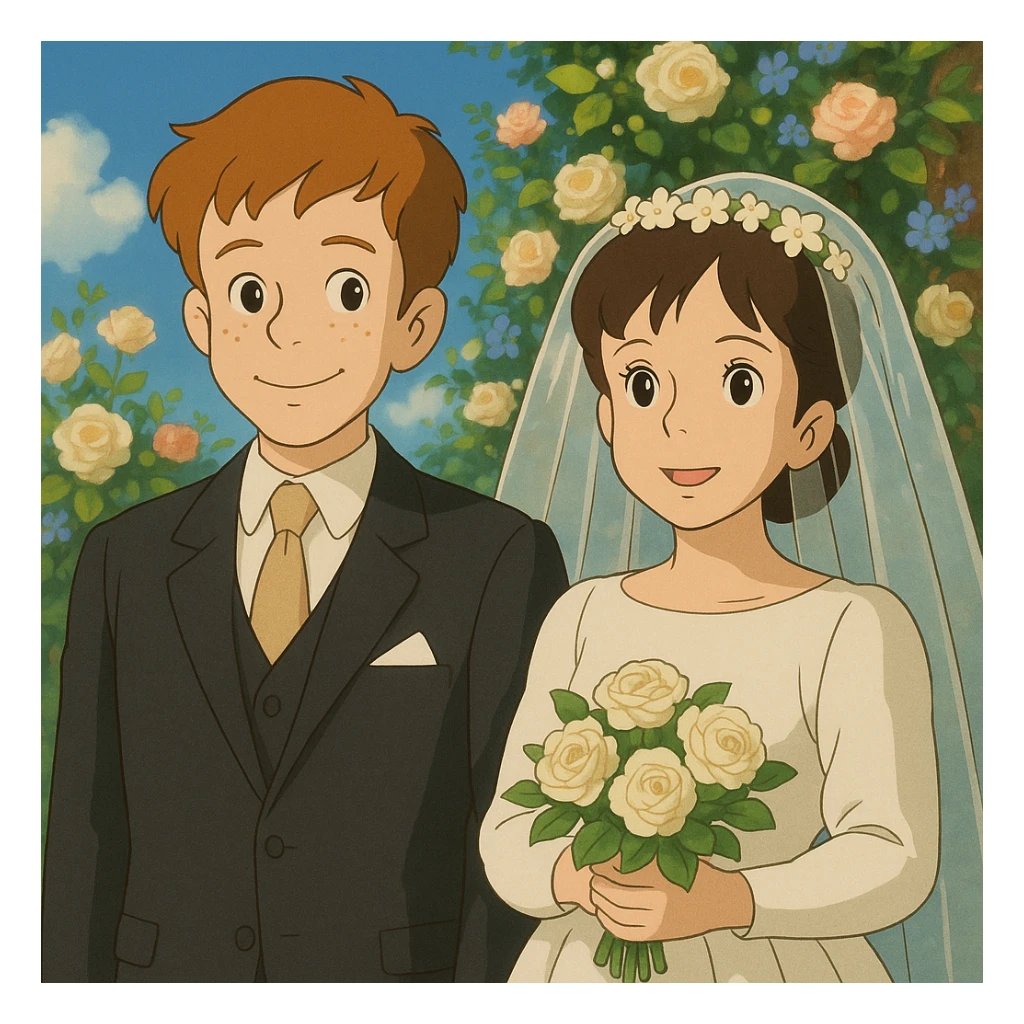 Georgie and Mandy inspired by the reference photo, in wedding outfits, cartoon style, wedding scene, ghibli style sticker