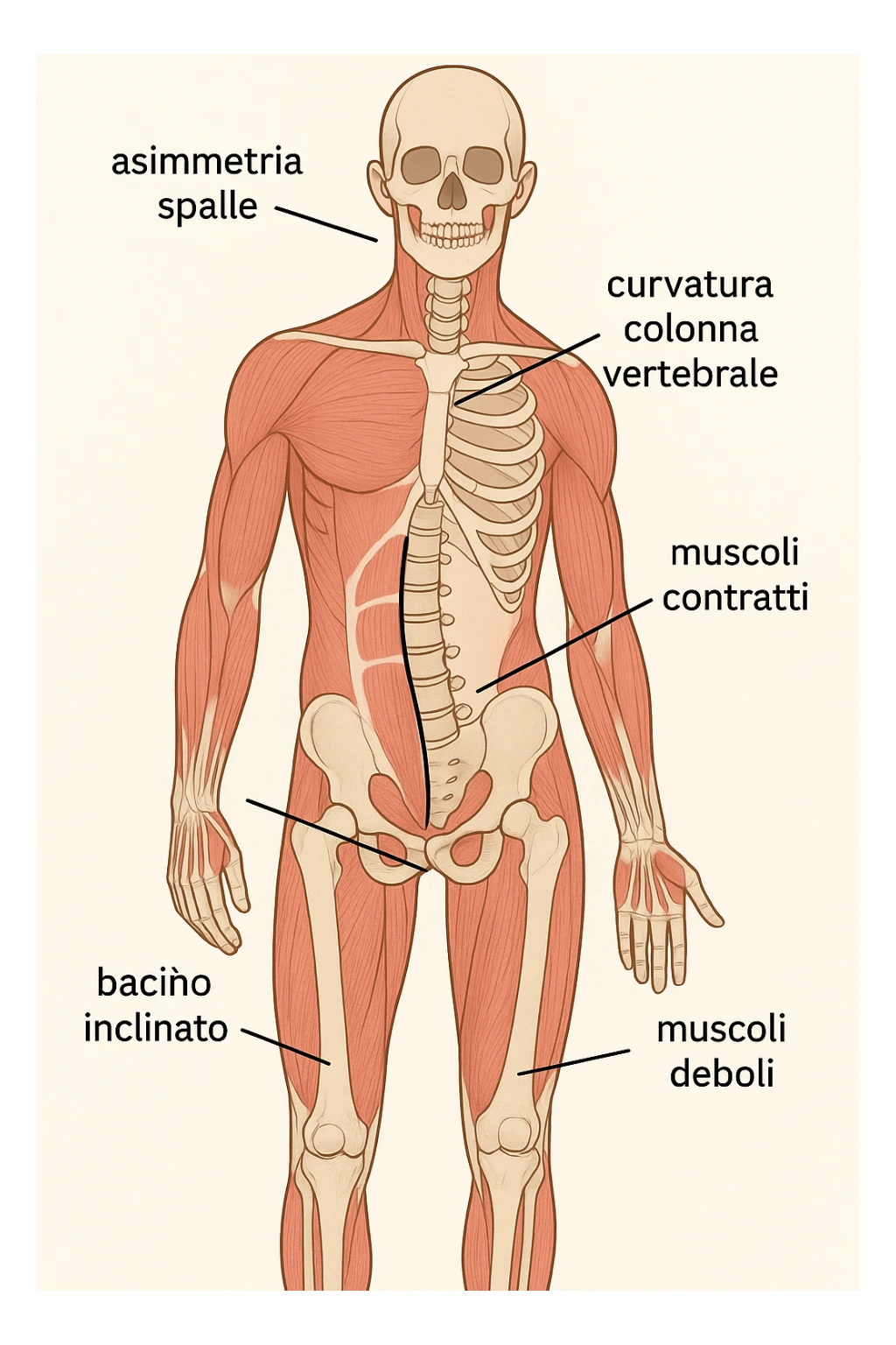 Uomo con problemi di asimmetrie e bacino inclinato, visione anatomica in italiano sticker