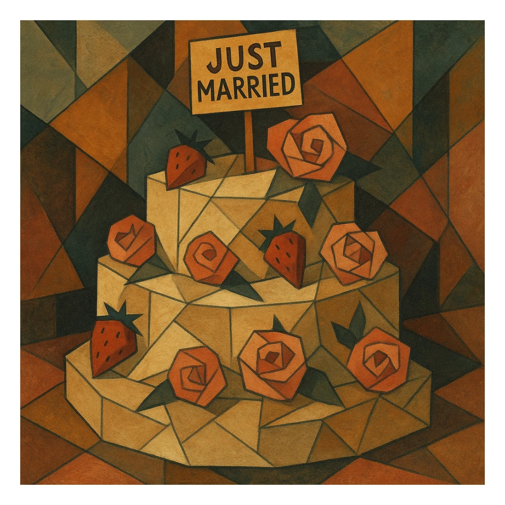 white wedding cake with strawberries, pink roses, 'Just Married' topper, cubist abstraction style sticker