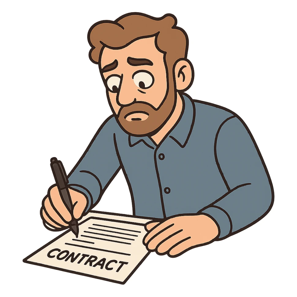 realistic person signing a contract, modern look, rounded shapes, simple design sticker