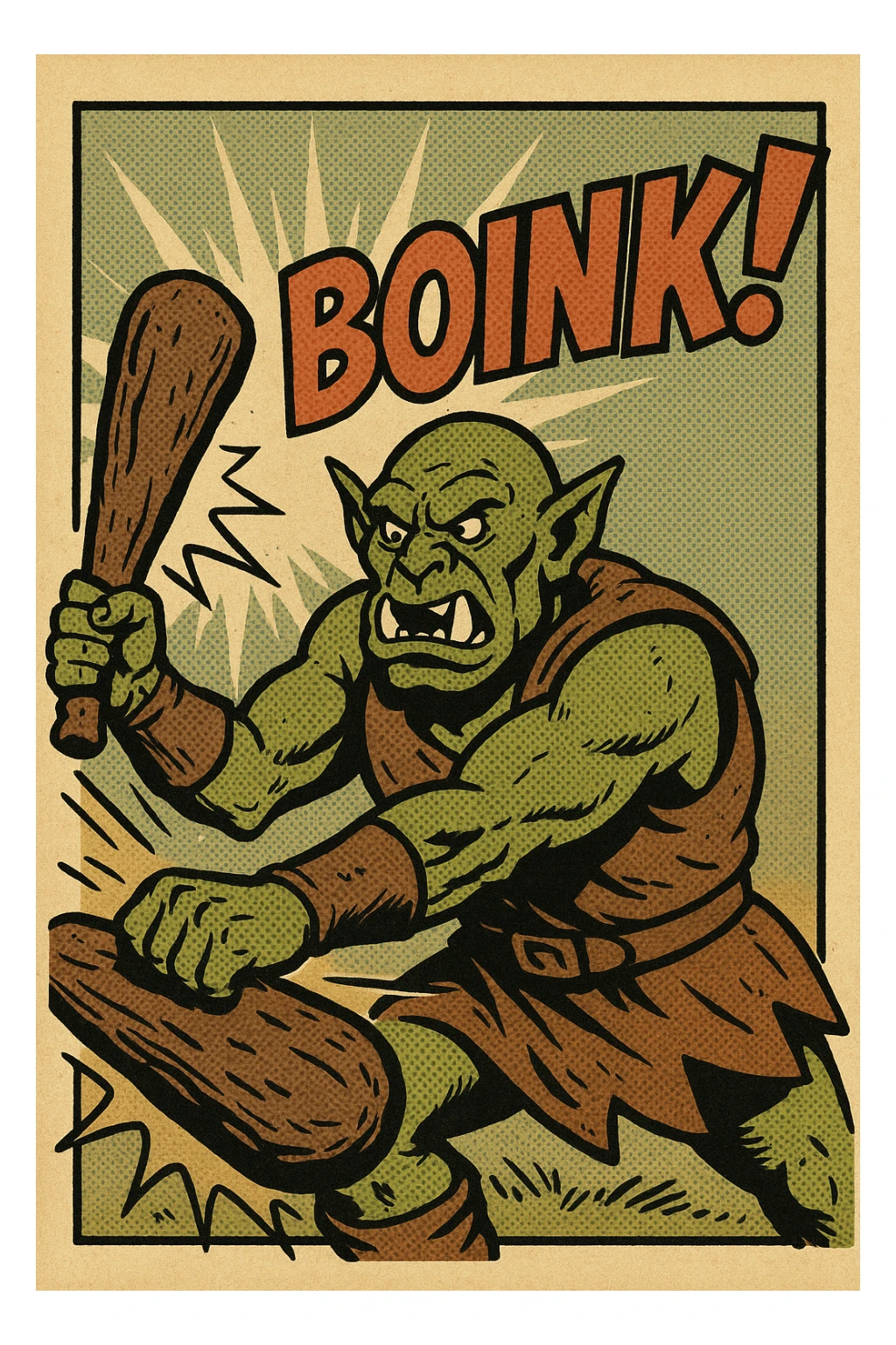 an orc swinging a club with a big 'boink' comic effect, dynamic action, fun and exaggerated sticker