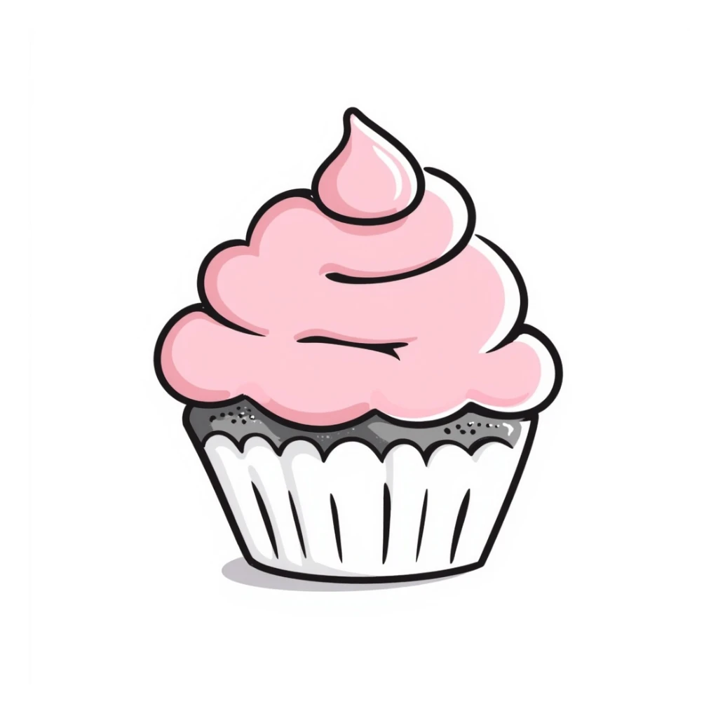 cupcake with pink icing, hand-drawn doodle style, sketchy lines, charming sticker