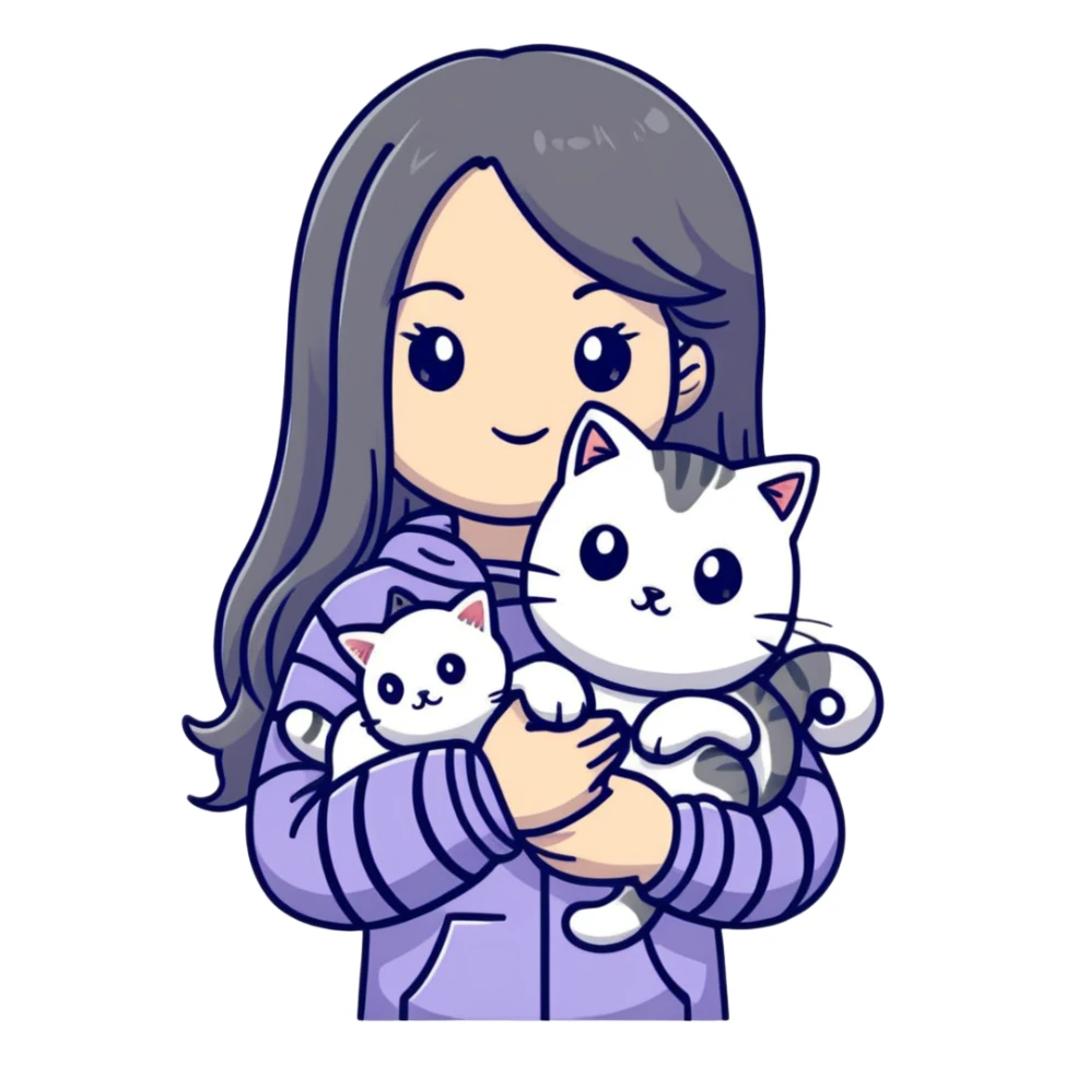 girl with long hair holding a cat with silver stripes sticker