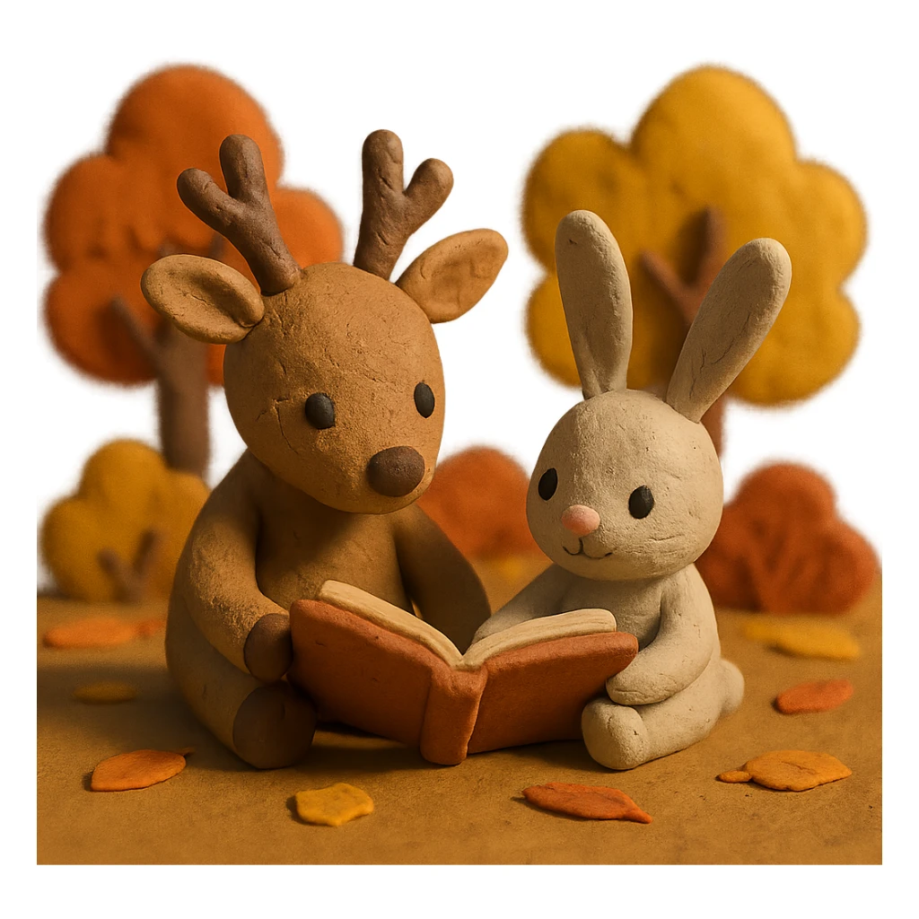 cute deer and bunny reading together in a soft autumn forest scene, claymation style sticker