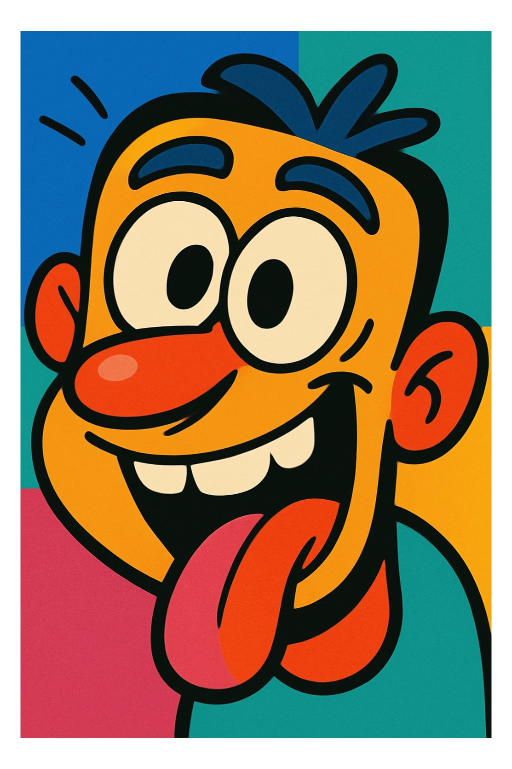 goofy silly cartoon face with exaggerated features and playful expression, vibrant colors sticker