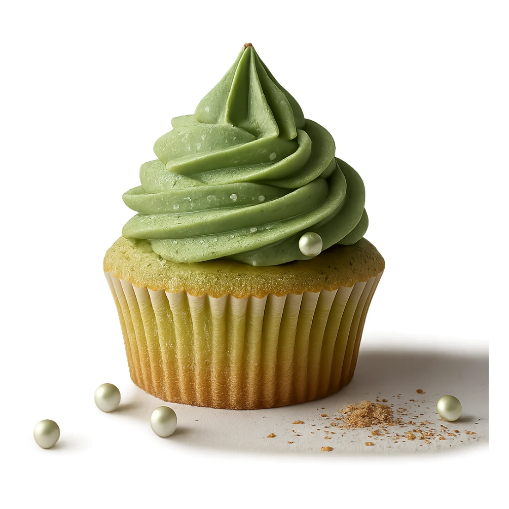 Change the icing to matcha (green tea) flavor, keep the realistic cupcake and accessories, photorealistic style, transparent background. sticker