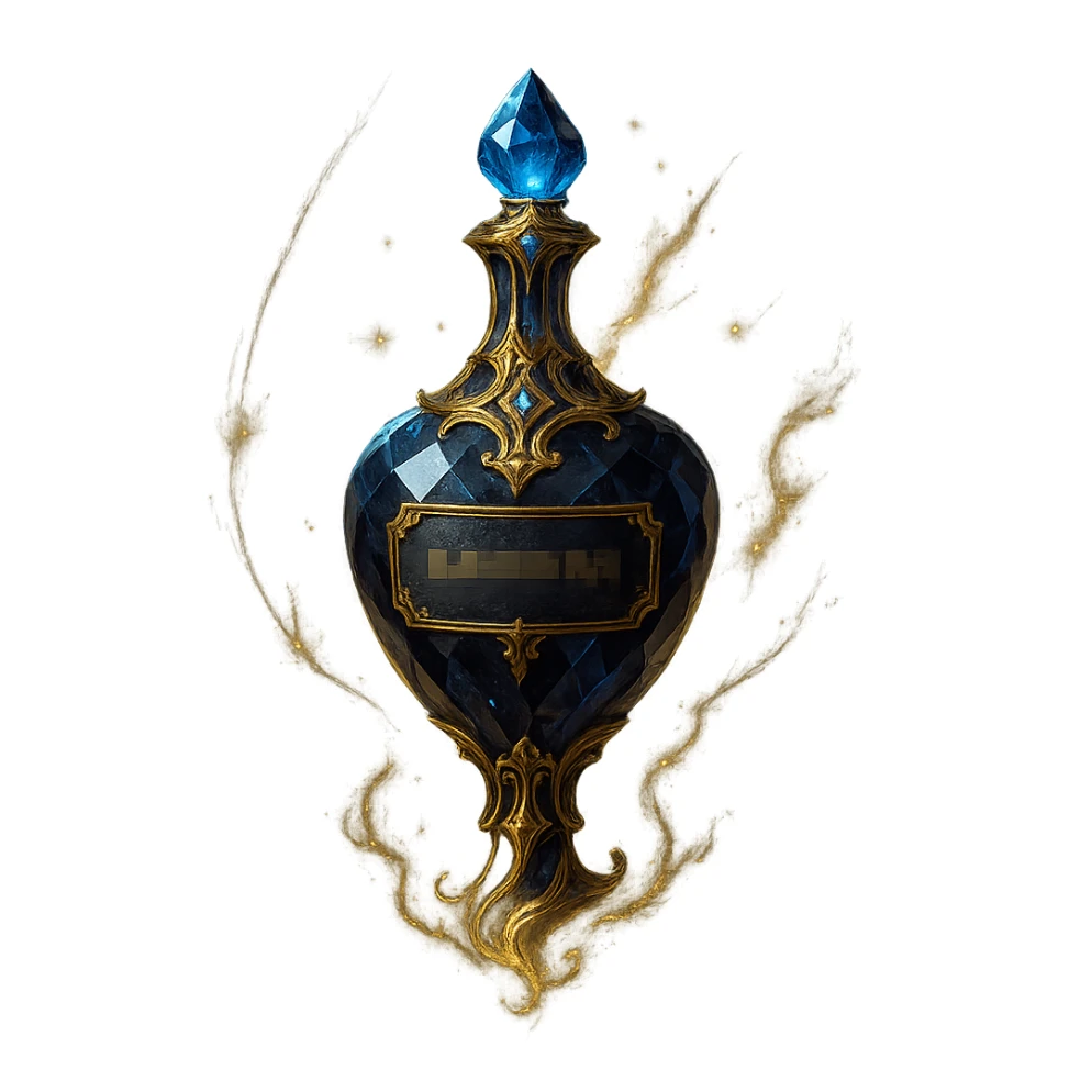 luxurious dark crystal elixir bottle with censored inscriptions, lots of glowing effects, ornate golden details, magical effects, very small neck, beautiful merging base, clearly floating in air, transparent background, no ground or shadow sticker