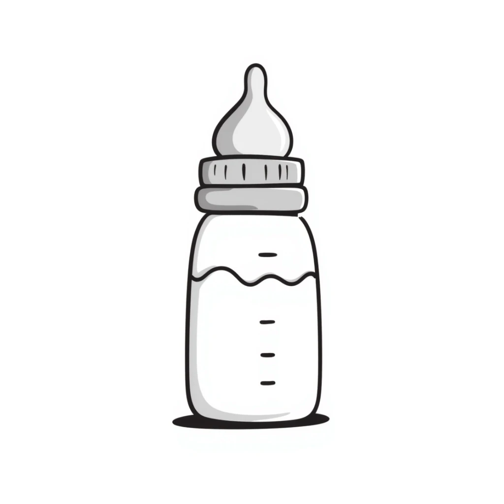 a baby bottle with a cap and nipple, pastel colors dd9fb0, ffc6d3, a3bfc9, c4bee2, f1b091, detailed hand-drawn doodle style sticker