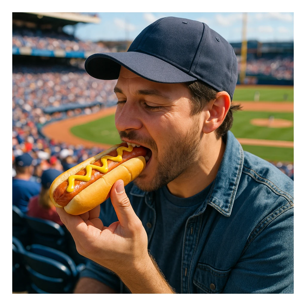 man eating a hot dog at a baseball game sticker