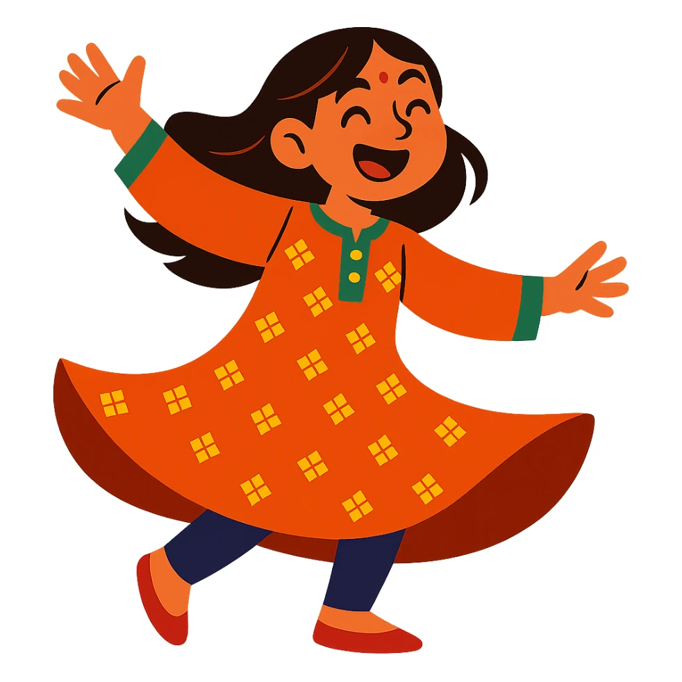 girl in ethnic kurta dress, mid-twirl, expressive and fun sticker