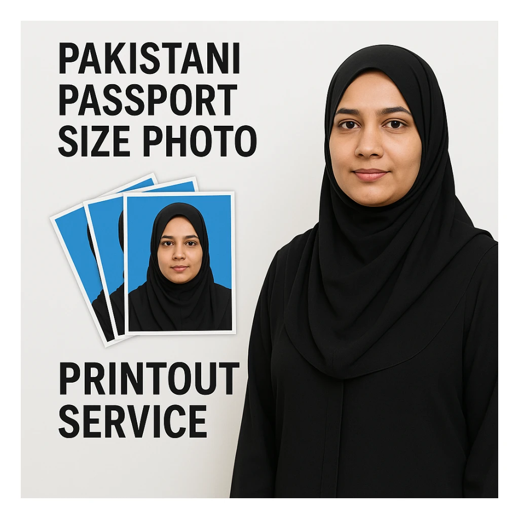 realistic thumbnail for a Pakistani passport size photo print out service, featuring an adult Pakistani woman in modest attire standing next to a fan-shaped collage of her passport size photos with blue backgrounds, on a clean white background sticker