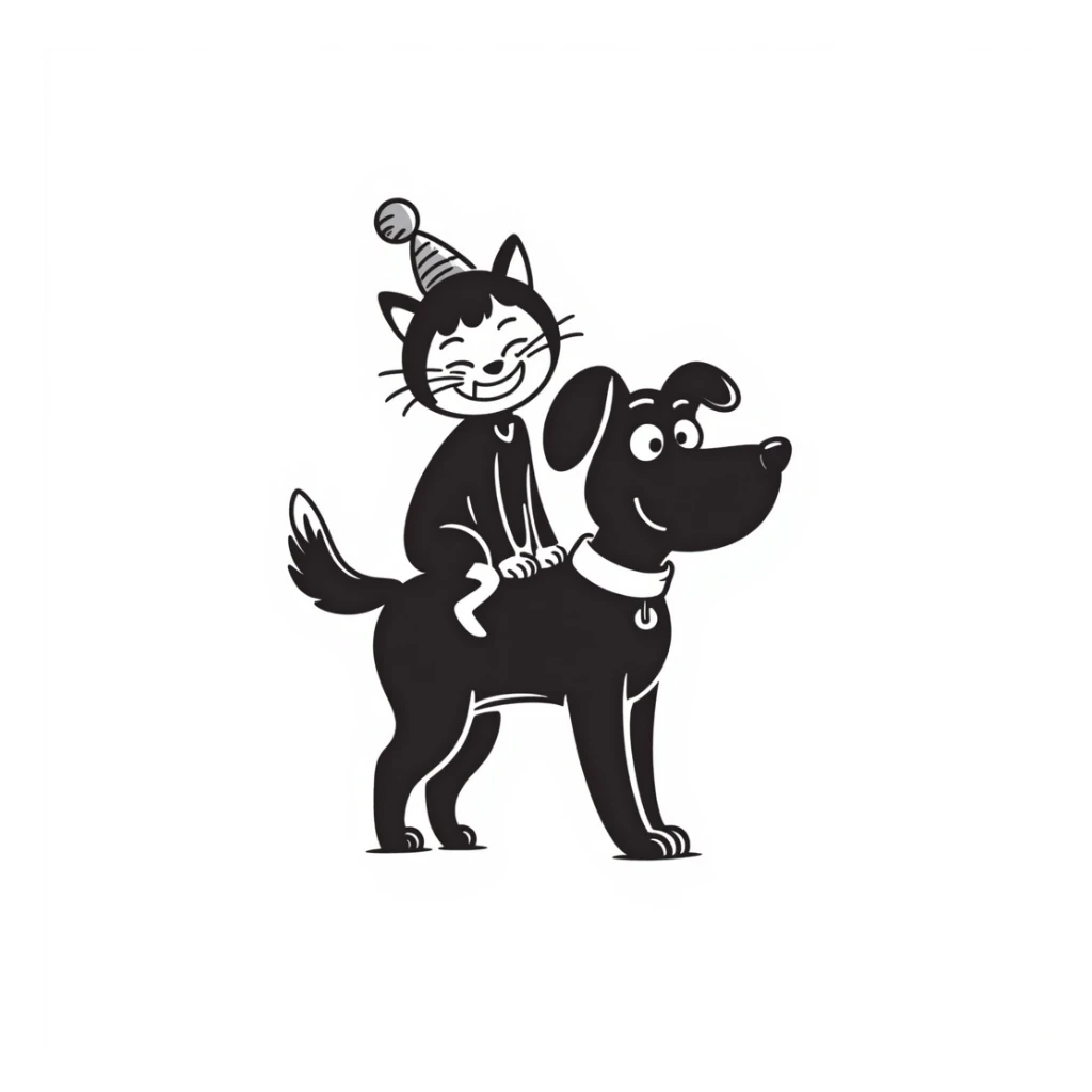 cat riding a dog, hand drawn doodle style sticker