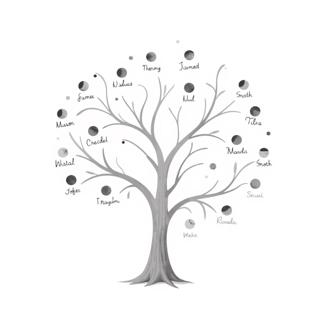 Hand-drawn ethereal family tree with delicate flowing lines connecting ancestor circles, dreamy watercolor-like effects sticker