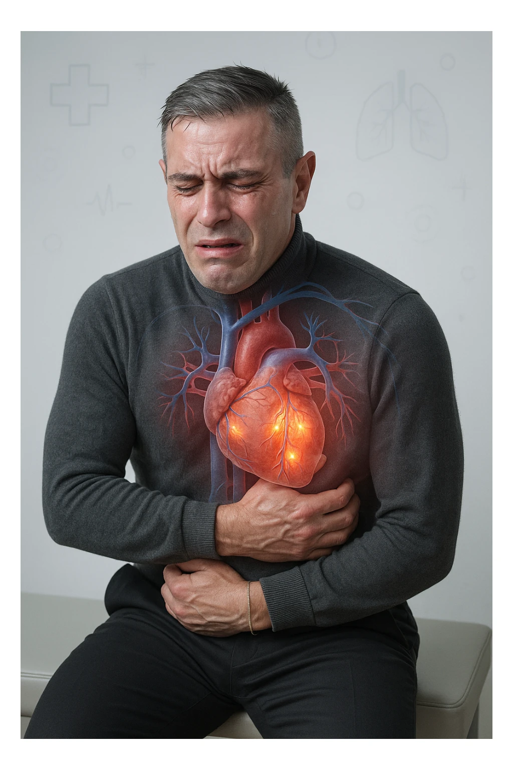 a middle-aged man sits on a bench, clutching his chest with a pained expression. His face is pale and sweaty, and his posture is hunched forward. A transparent overlay reveals his heart and major blood vessels, with highlighted areas indicating blockages or damage. The background is clean and clinical, with subtle medical icons. sticker