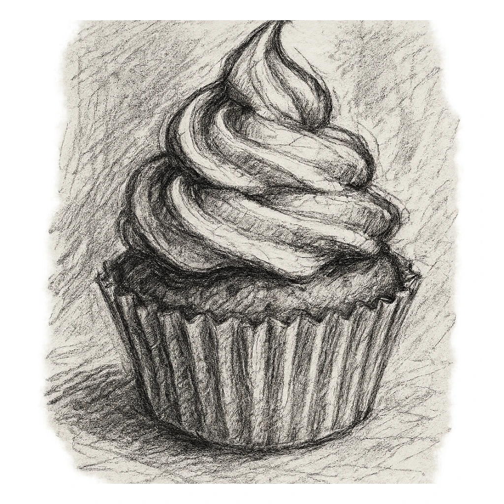 cupcake, hand-drawn, detailed lines, pencil sketch style sticker