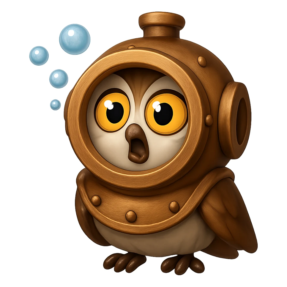 В стилистике эмоджи сгенерируй сову, которая удивленная в старом медном акваланге, их рта идут пузырьки, прозрачный фон sticker