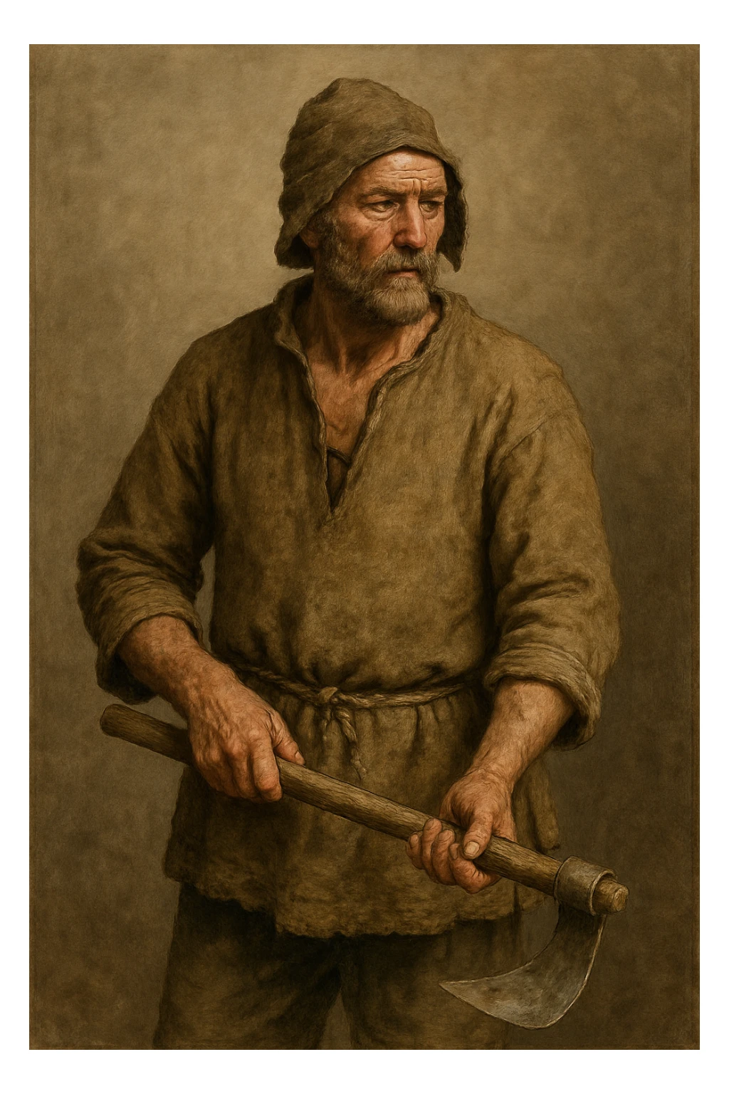 a real peasant, medieval European, worn tunic, holding a farming tool, earthy tones, realistic illustration sticker