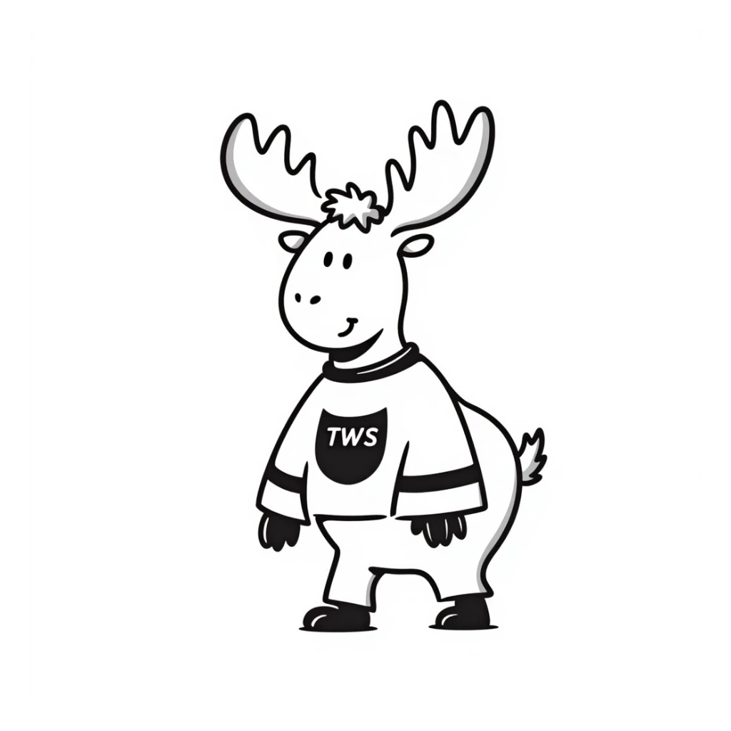 a hand-drawn doodle style moose with a 'TWS' hockey jersey sticker