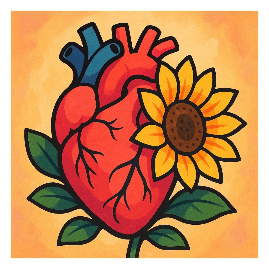 a human heart embraced by a blooming sunflower, soft painterly style sticker