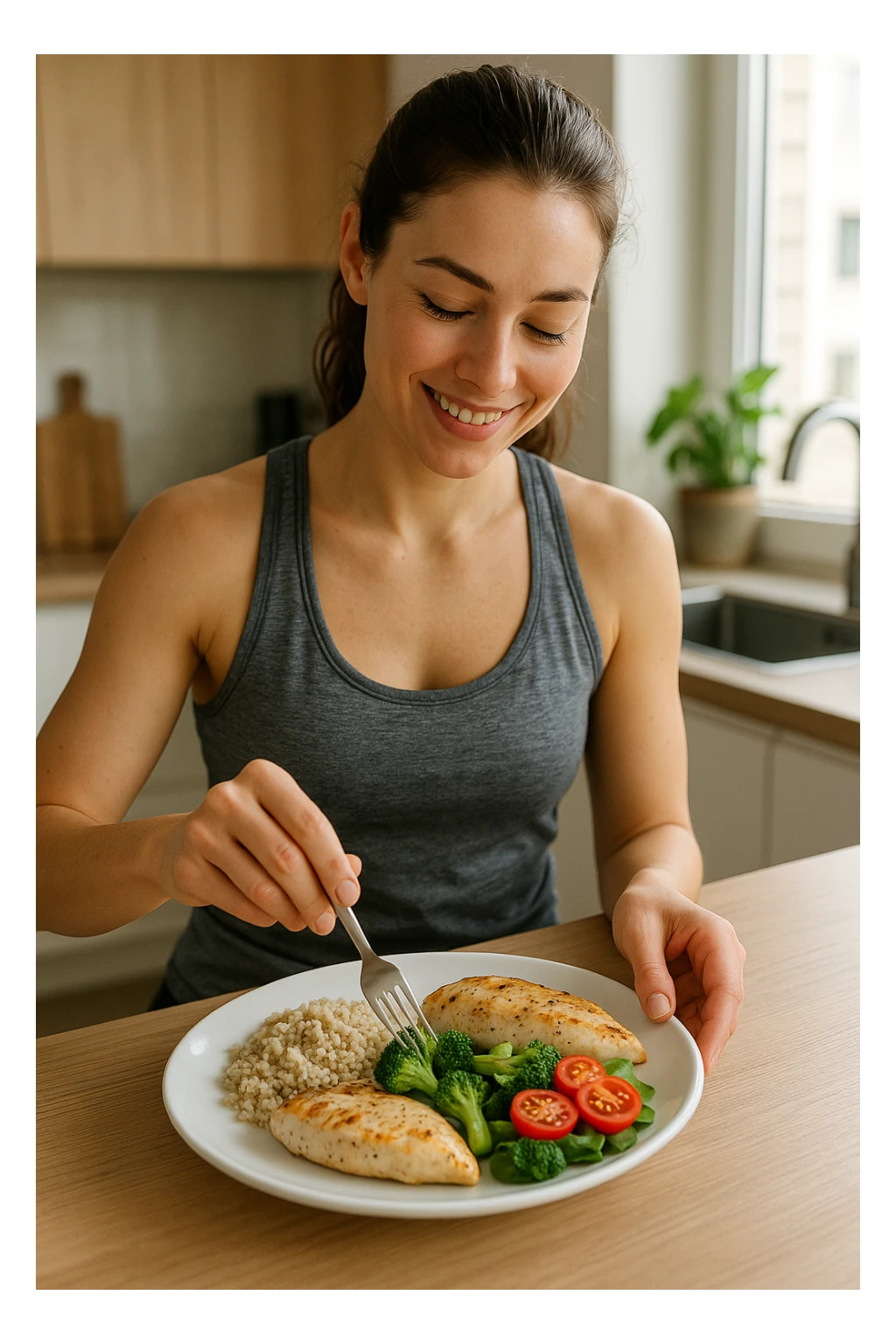 Donna che prepara un pasto equilibrato fit, con carboidrati, proteine e grassi dentro il piatto. Perfettamente equilibrato. Molto realistica sticker