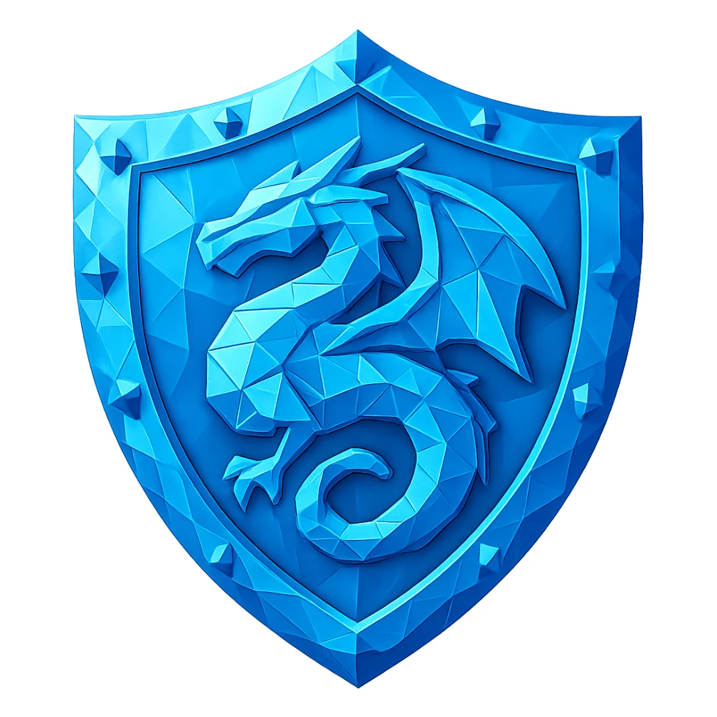 Replace the bird emblem on this diamond shield with a dragon emblem, matching the faceted diamond style, color, and shine. Keep the rest of the shield unchanged. Transparent background. Maintain the diamond faceted style and shine in the dragon emblem. sticker