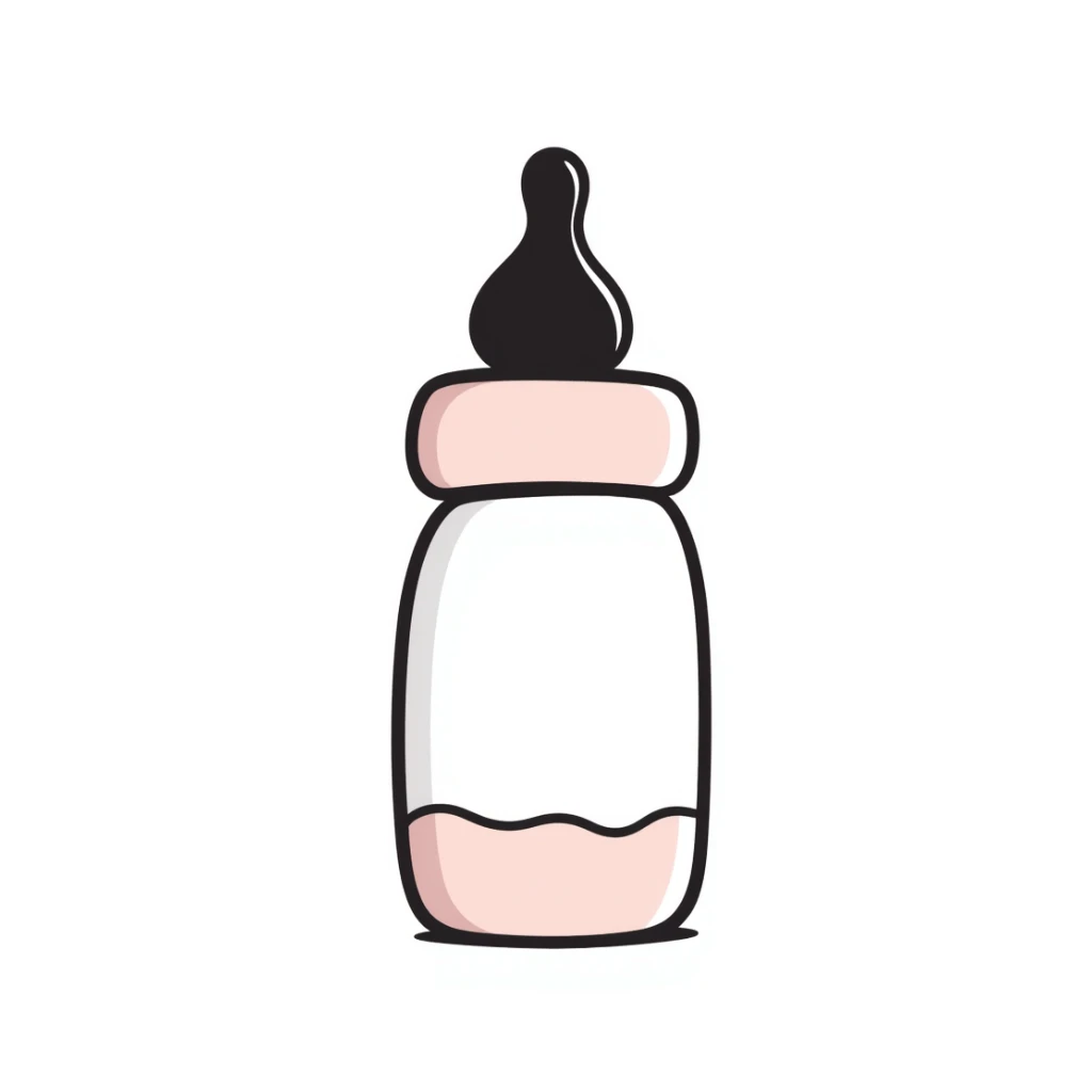 a baby bottle with a cap and nipple, pastel colors dd9fb0, ffc6d3, a3bfc9, c4bee2, f1b091, detailed hand-drawn doodle style sticker