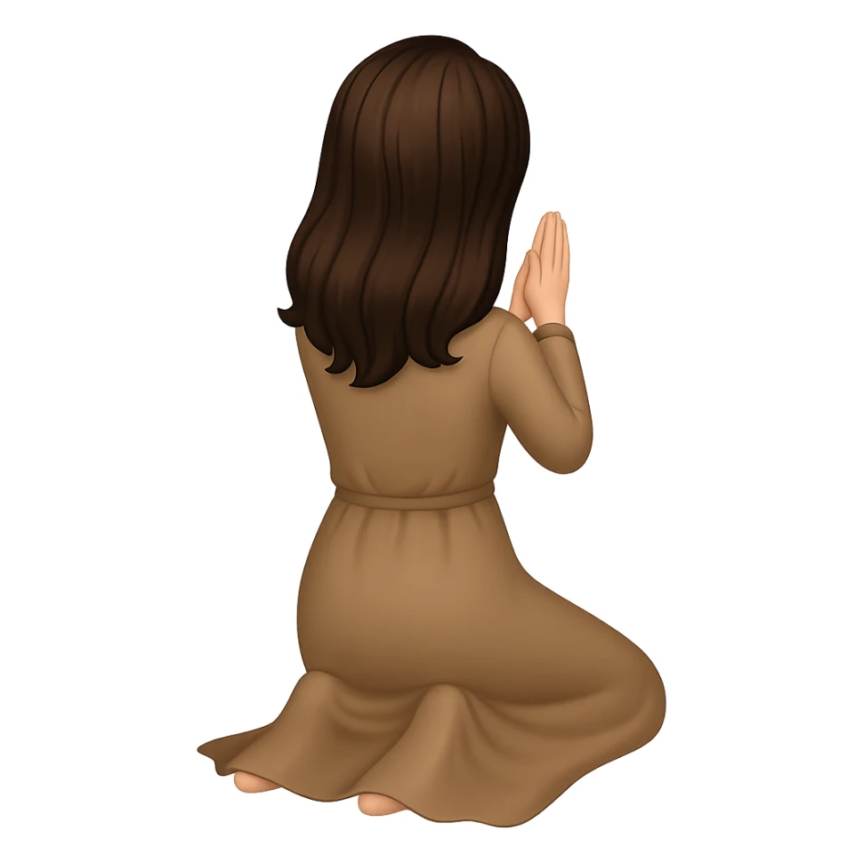 Create a fourth variation of a woman kneeling and praying from the back view, wearing a long tan dress, with dark brown hair, in emoji style, matching the same body figure as the reference image, with no background. sticker