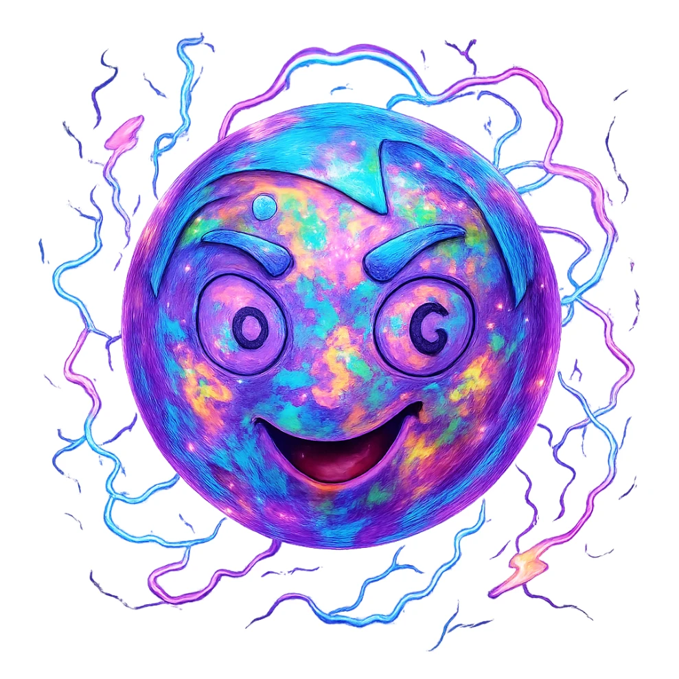 Make the Uranus emoji more eccentric with an opal-like iridescent texture. Add wild, electric, chaotic energy and a playful, unconventional face. Keep the background transparent. sticker