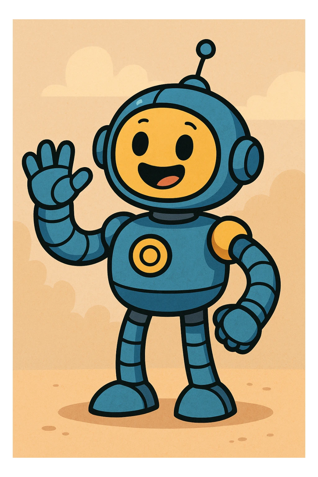 cartoon robot, round shapes, blue and yellow colors, waving, simple background sticker