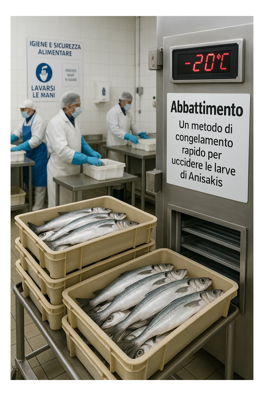 a fish processing facility where freshly caught fish are placed on trays and moved into a large industrial freezer. A temperature gauge shows -20°C, and an educational label explains that rapid freezing (abbattimento) is used to kill Anisakis larvae. The background includes workers in protective clothing and clear signage about food safety. in italiano sticker