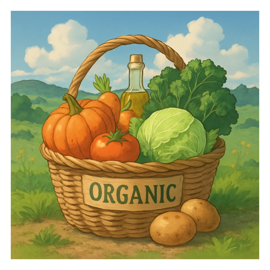 ghibli style basket of organic products with natural background sticker